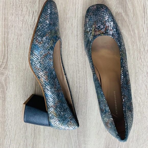 Anthropologie Snake Print Metallic Block Heel Closed Toe Pumps - Picture 3 of 6